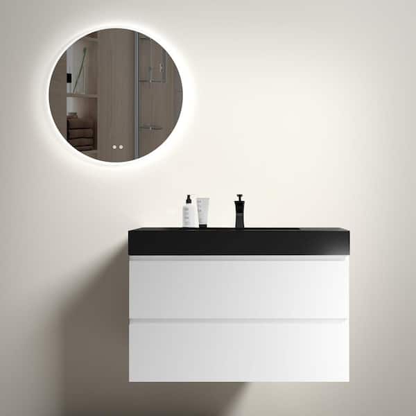 FUNKOL 36 in. W x 18.1 in. D x 25.2 in. H Modern Wall Mounted Floating Bathroom Vanity in White with 2-Drawers and 1 Black Sink