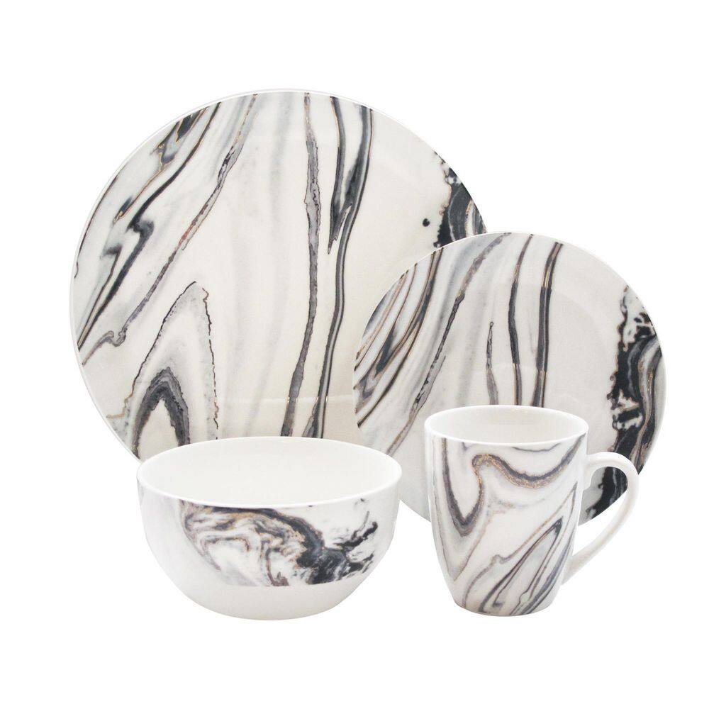16-Piece White and Gray Marble Porcelain Dinnerware Set