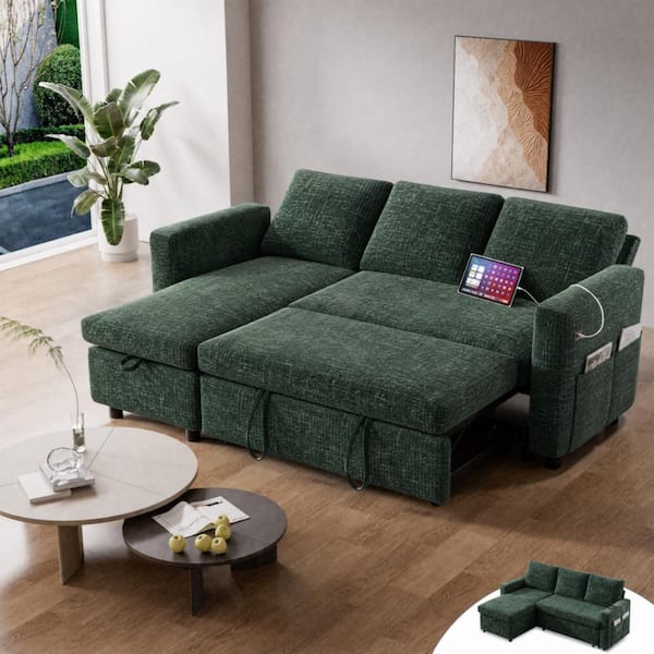 81" Sleeper Sofa Bed with Pull Out Bed L-Shaped Couch Sectional Sleeper Sofa,Chenille Green