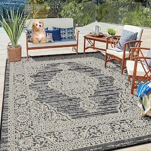 Vintage 4 ft. x 5 ft. 3 ft. Medallion Oriental Boho Waterproof Area Rug for Outdoor or Indoor in Dark Gray