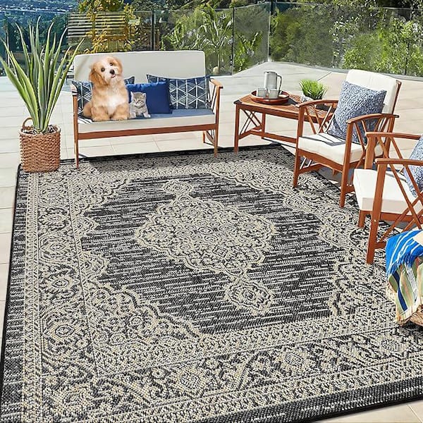 Vintage 4 ft. x 5 ft. 3 ft. Medallion Oriental Boho Waterproof Area Rug for Outdoor or Indoor in Dark Gray