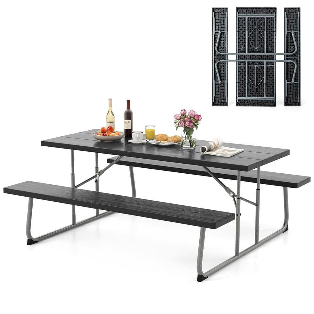 Gymax 72 in. Black Rectangle Steel Folding Picnic Table with Umbrella ...