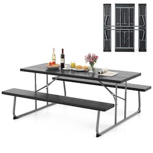 72 in. Black Rectangle Steel Folding Picnic Table with Umbrella Hole Camping Table Set Seats 6 People