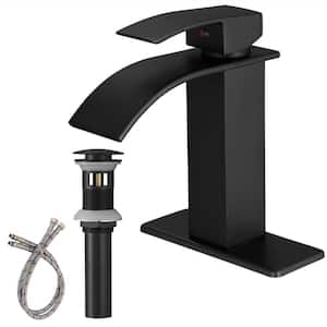 Single Handle Single Hole Waterfall Bathroom Sink Faucet with Pop-up Drain Kit and Deckplate Included in Matte Black