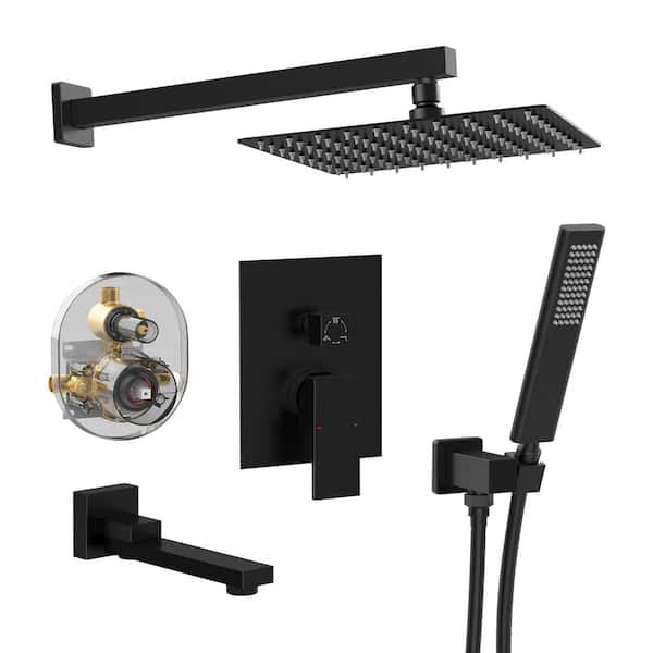 Rain Single Handle 1-Spray 10 in. Tub Shower Faucet 1.8 GPM with Pressure Balance in. Matte Black (Valve Included)