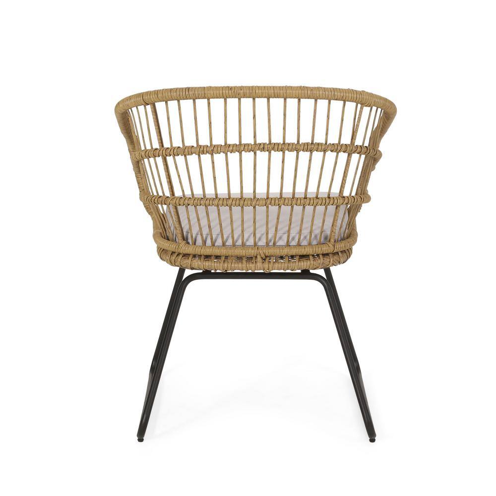 Set of 2 Light Brown and Beige Wicker Outdoor Dining Chairs with Iron Frame