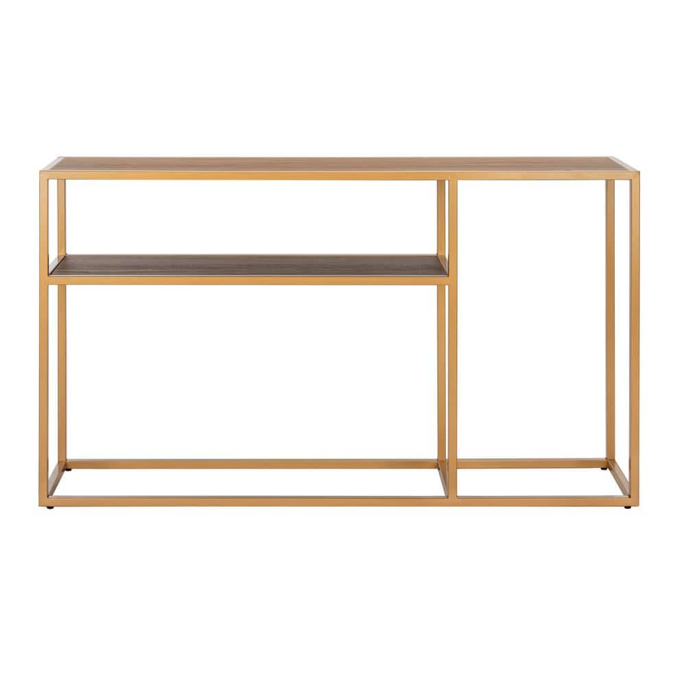Transitional Walnut & Gold Rectangular Console Table with Storage