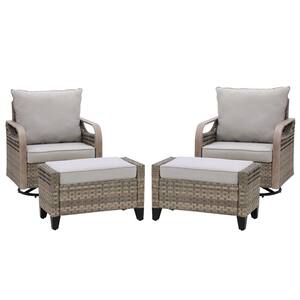 4-Piece Brown Wicker Outdoor Patio Conversation Set Swivel Rocking Chairs with Gray Cushions and Ottomans