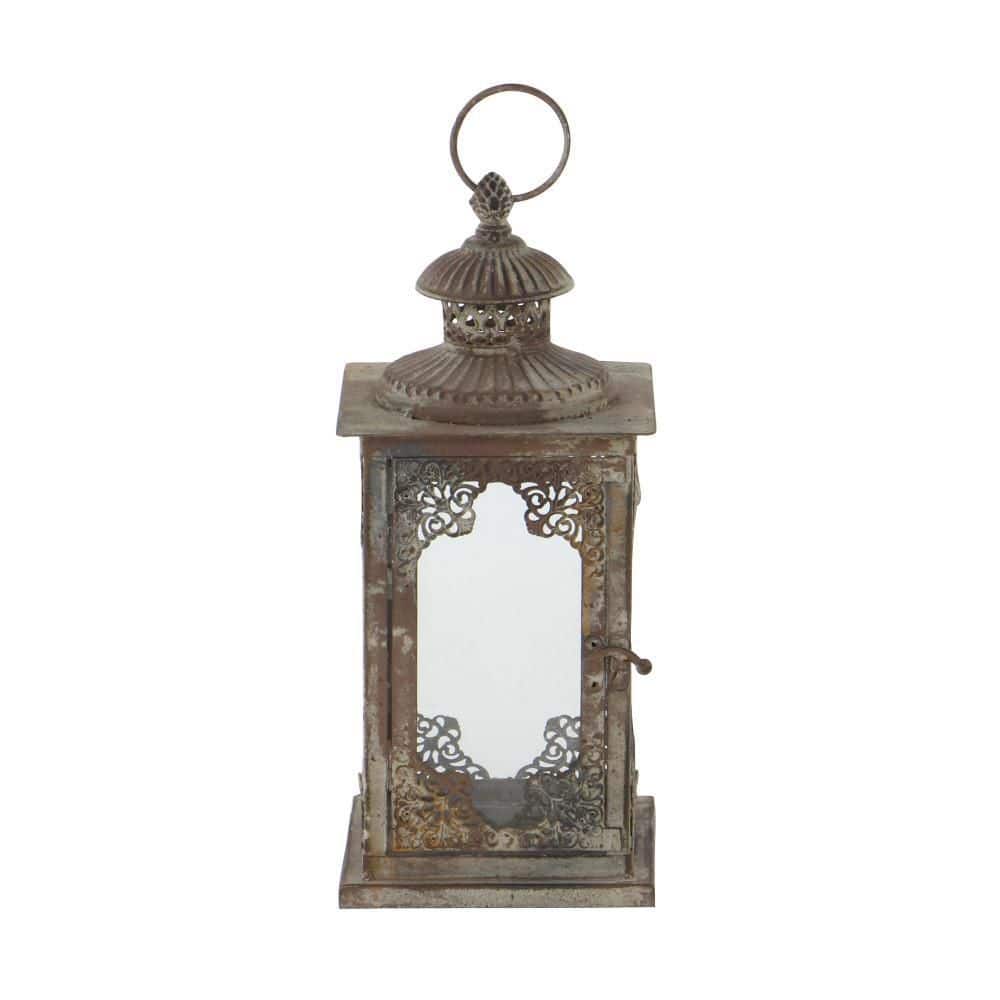 Elegant Tarnished Gray Iron and Glass Tabletop Lantern