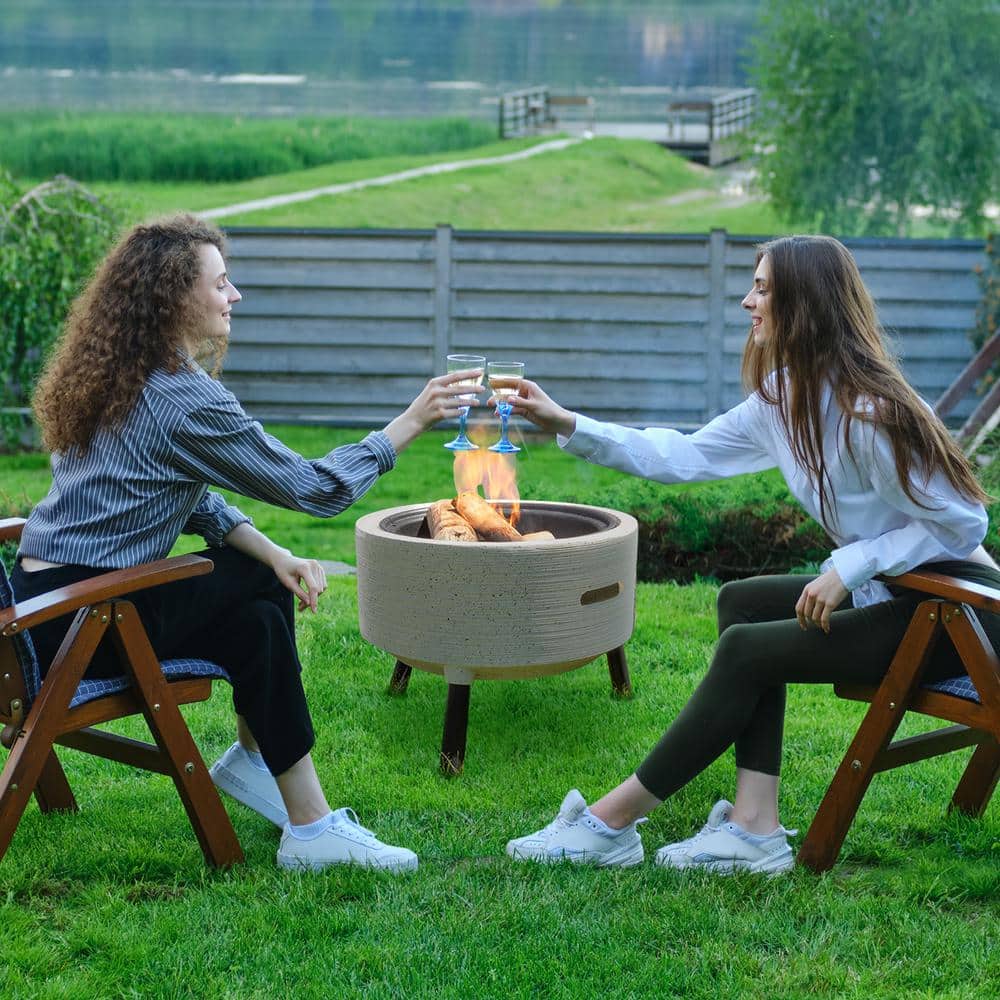 21" Round Light Gray Magnesium Oxide Fire Pit with Poker and Cover
