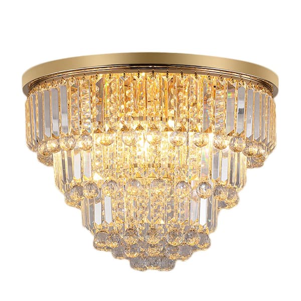 PUDO 19.70 in. 6-Light Gold Flush Mount with Crystal Shade and No Bulbs Included