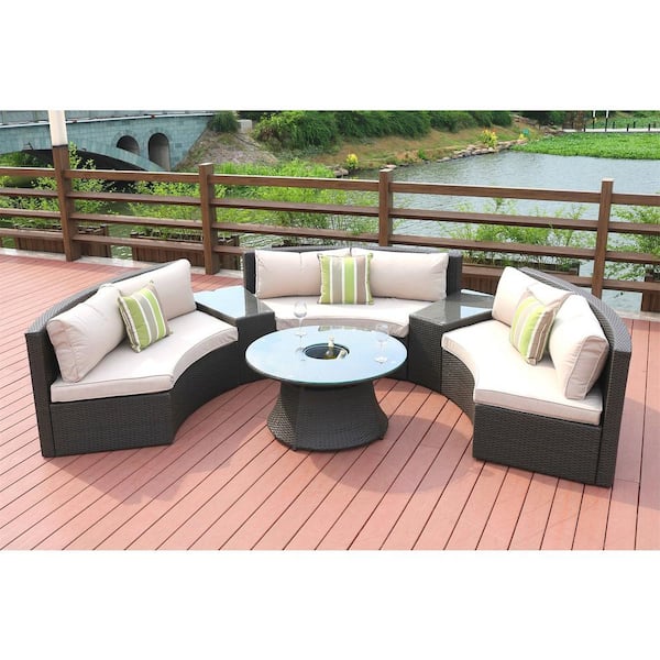 Black Wicker Outdoor Sectional Set, Half Round Outdoor Couch