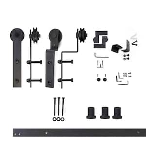 4 ft./48 in. Black Rustic Single Track Bypass Sliding Barn Door Hardware Kit w/ Straight Design Roller for Double Doors