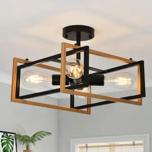 14.96 in. 4-Lights Black and Gold Industrial Square Frame Semi-Flush Mount Ceiling Light for Living Room and Study