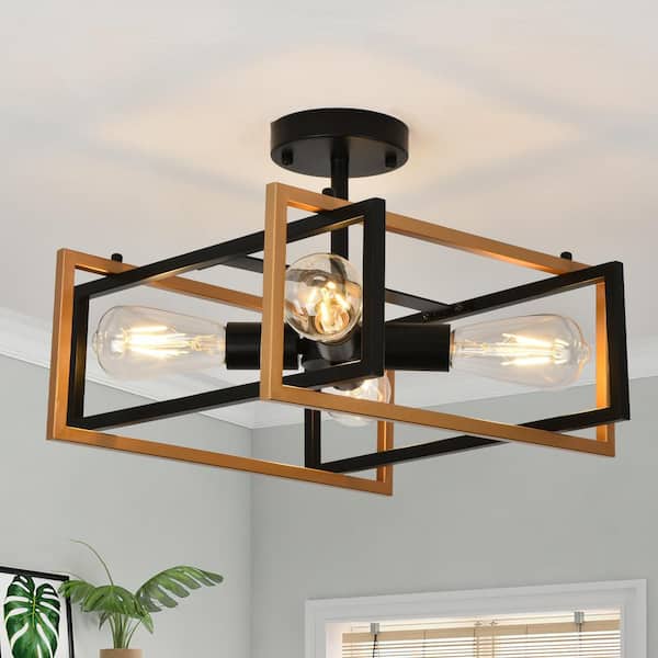 GoYeel 14.96 in. 4-Lights Black and Gold Industrial Square Frame Semi-Flush Mount Ceiling Light for Living Room and Study