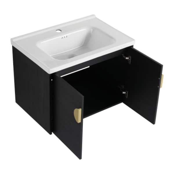 Sanlan GLEM05 28.00 in. W x 18.50 in. D x 20.70 in. H Single Sink Floating Bath Vanity in Black with White Solid Surface Top