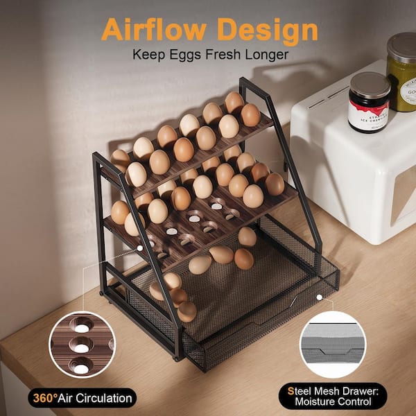 Farmhouse 3-Shelf Brown Wood and Black Wire Mesh Step-Up Egg Organizer with Gliding Drawer Holds 100+ Eggs