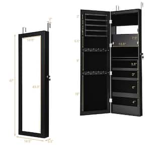 47 in. H x 14.5 in. W x 3.5 in. D Wall Door Mounted Lockable Jewelry Cabinet Armoire Organizer with LED Black