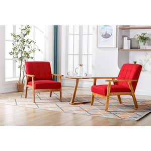 Mid-Century Retro Red Linen Upholstered Tufted Back Accent Chairs with Side Table