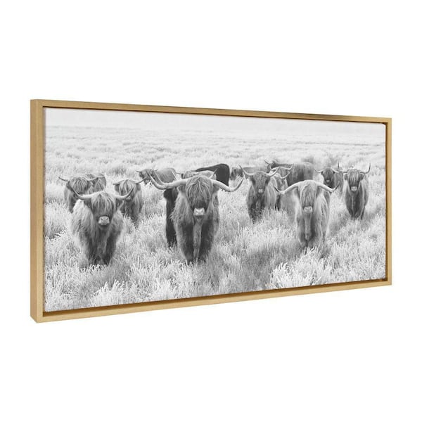 Kate and Laurel Sylvie Herd of Highland Cows Black and White by The Creative Bunch Studio Framed Art Print 18 in. x 40 in.