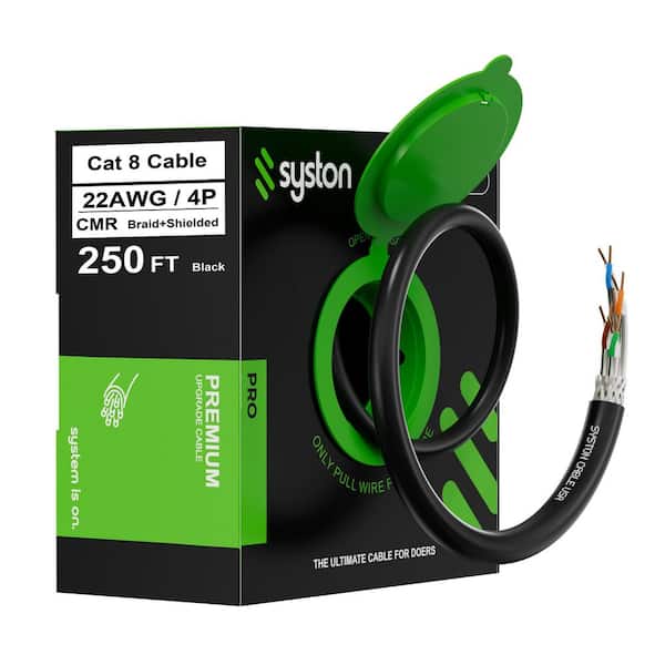 250 ft. Black CAT8 CMR 22 AWG Ethernet Bulk Cable 2GHz 40GB Individual Electro-Magnetic Tinned Copper Braid Shielding