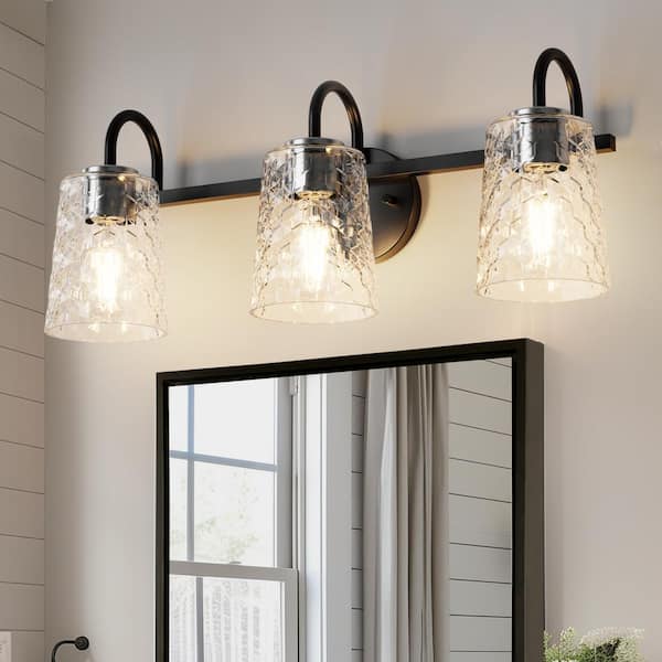 YANSUN 24 in. 3-Light Black Vanity Light with Cylinder Clear Glass Shade for Bathroom, Mirror, Vanity Area