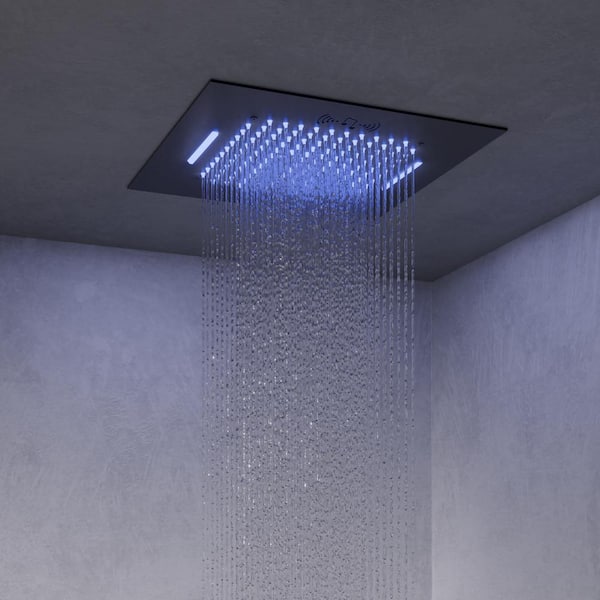 Aurora Cascade LED Showers 5-Spray Ceiling Mount 20 in. Fixed Shower 2, 10 in. Showers Handheld in Matte Black-5 Spray