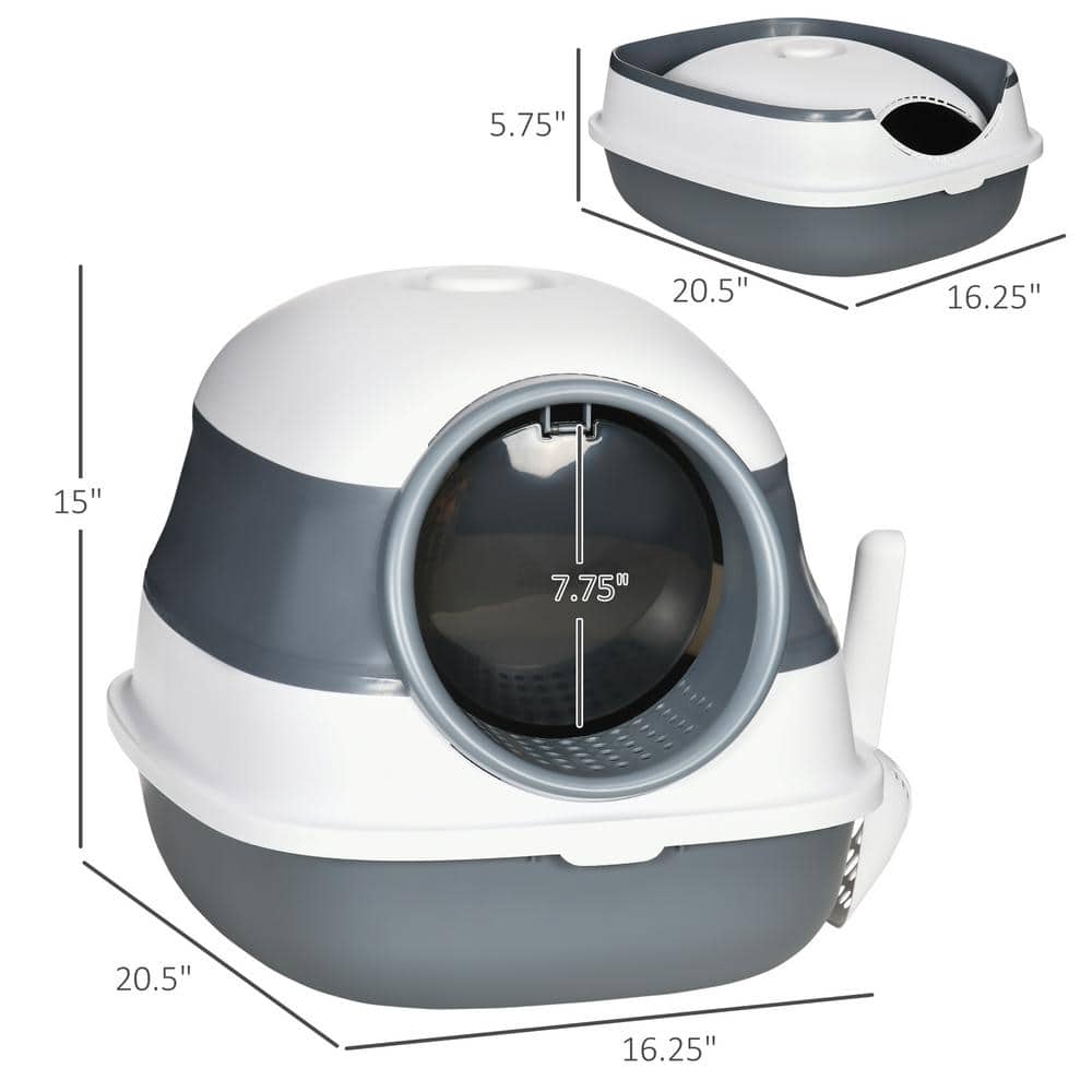 White and Gray Enclosed Plastic Cat Litter Box with Scoop