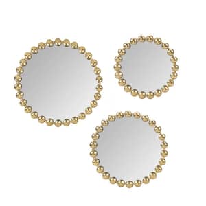 3-Piece Set 14 in. W x 14 in. H Round Metal Frame Gold Wall Mirror with Beaded Decoration