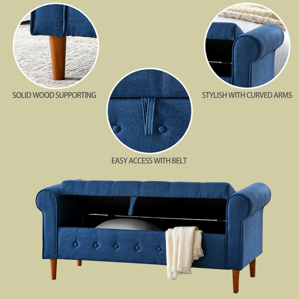 Blue Linen Tufted Storage Bench with Rolled Arms