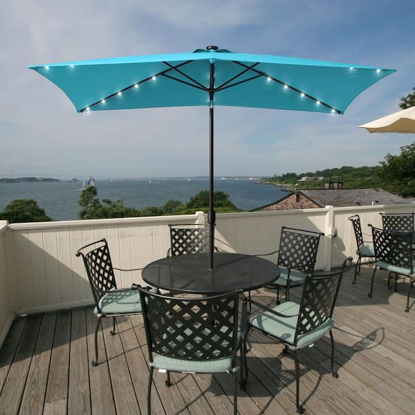 Sonkuki Solar LED 10 ft. x 6.5 ft. Aluminum Patio Rectangle Market Umbrella in Lake Blue with Push-Button Tilt