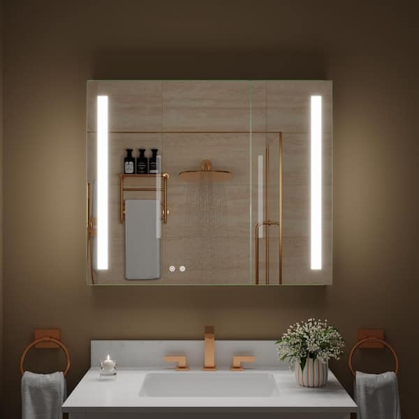 36 in. W x 30 in. H Rectangular Recessed Surface Mount Bathroom Medicine Cabinet with Mirror, 2 Door, Outlets, USB Ports
