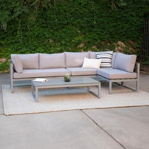 Boardwalk Grey Metal 4-Piece All-Weather Outdoor Conversation Set with Grey Cushions and Coffee Table