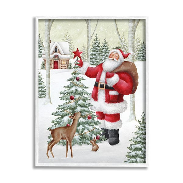Stupell Industries Santa and Snowy Cabin by Emma Leach 1 Piece Framed Graphic Print Nature Poster Art Print 14 in. x 11 in.