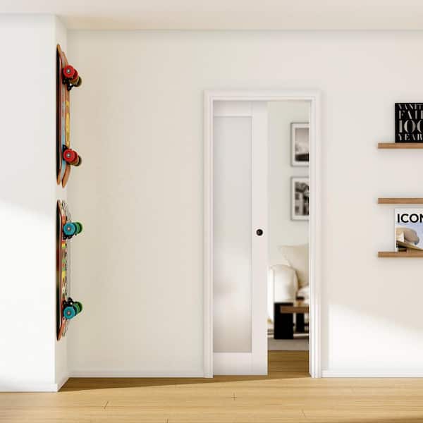 ARK DESIGN 32 in. x 80 in. Paneled White Primed Glass Sliding Door, White Wood Pocket Door Frame, with Hardware
