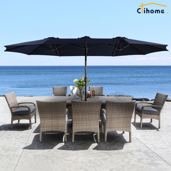 15 ft. Steel Patio Umbrella in Navy, with Base and Sandbags, Weather-Resistant