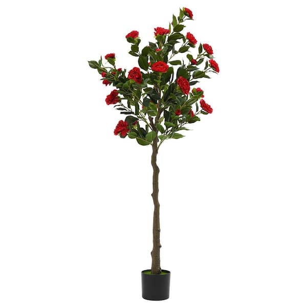 YIYIBYUS 4.9 ft. Artificial Tree Artificial Camellia Tree in Pot Outdoor Indoor Decor (Red Flower)