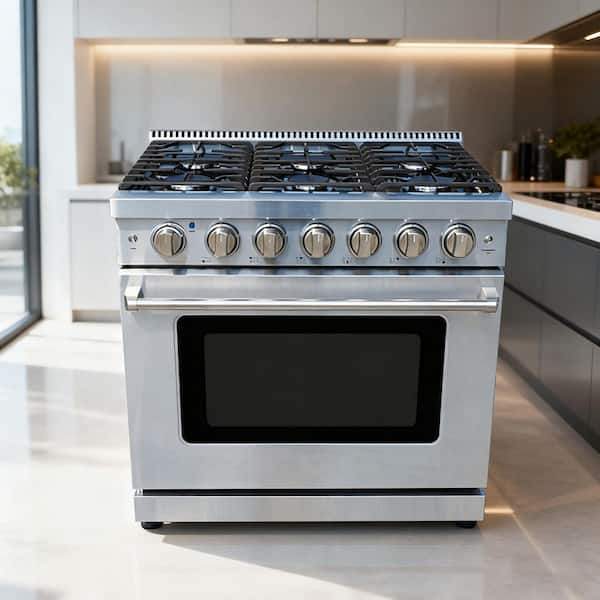 36 in. 6-Burners Slide-in Gas Range with Triple-Layer Tempered Glass Door in Stainless Steel