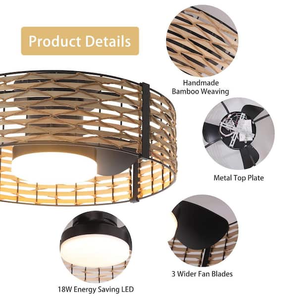 Genoci 20 in. Bamboo Rattan Boho Caged Ceiling Fan with RGB