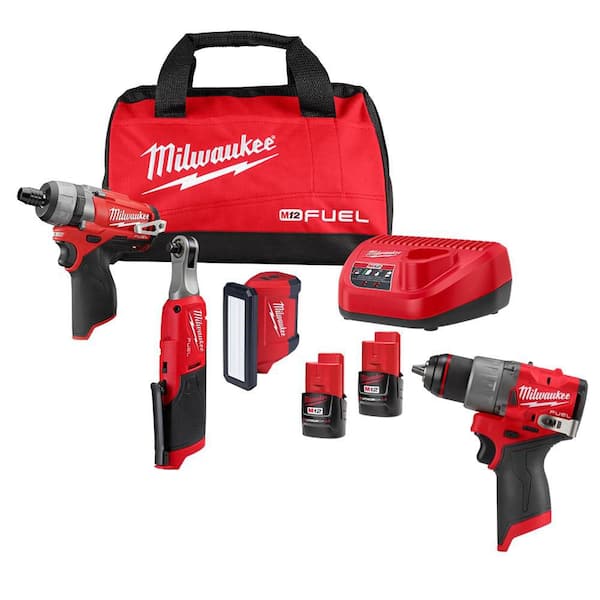 M12 12V Lithium-Ion Cordless Screwdriver, 3/8 in. High Speed Ratchet, Light, 1/2 in. Drill Driver Combo Kit (4-Tool)