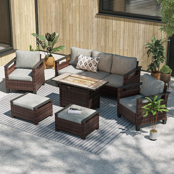 JOYESERY 6-Pieces Patio Conversation with Rectangle Fire Table Set Wide Armrests High Back Sofa Brown Wicker Linen Grey Cushion