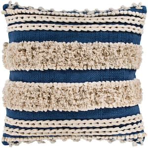 Adela Navy Striped Tassels Polyester 18 in. x 18 in. Throw Pillow