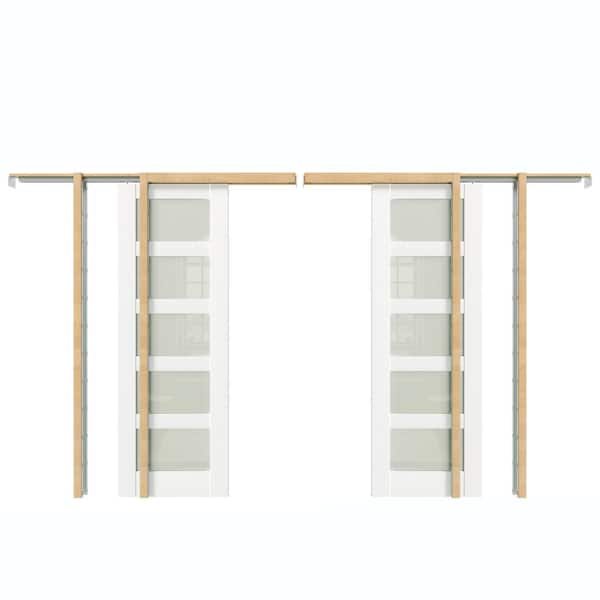TENONER 56 in. x 80 in. 28 in. W x 2 5 Panel Frosted Glass, Primed White MDF Wood Unfinished Pocket Door Frame with All Hardware