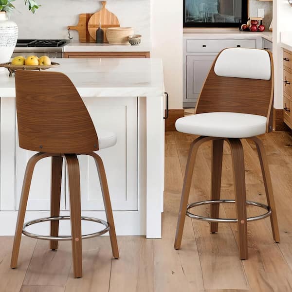 Unbranded Edward 26 in. White Faux Leather Swivel Bar Stool Solid Wood Walnut Frame Counter Height Bar Stool (Set of 2)