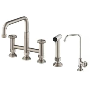 Urbix Industrial Double-Handle Bridge Kitchen Faucet and Beverage Faucet in Spot Free Stainless Steel