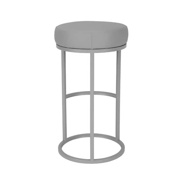 Benjara 30 in. Gray Round Metal Base Barstool With Faux Leather Padded Seat