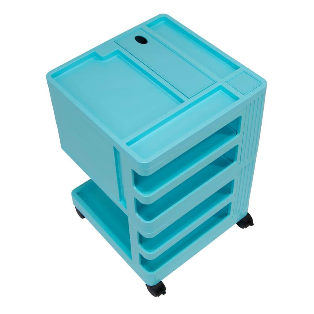 Turquoise Rotating Plastic Mobile Storage Cart with Multiple Compartments
