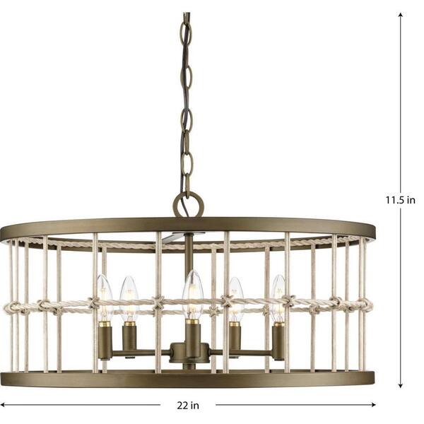 Progress Lighting Lattimore Collection 22 in. 5-Light Aged Brass Coastal Chandelier