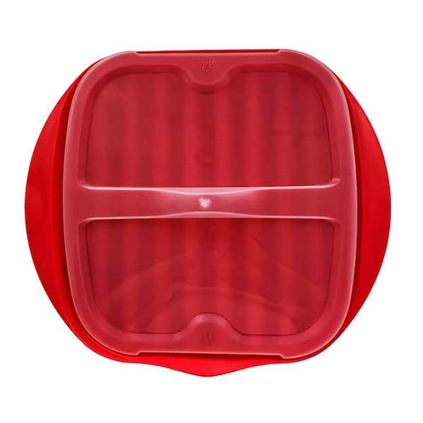 Microwave Bacon Tray Red Food Grade Plastic Splatter Lid Quick Safe Cooker Drains Fat Makes Crispy Bacon