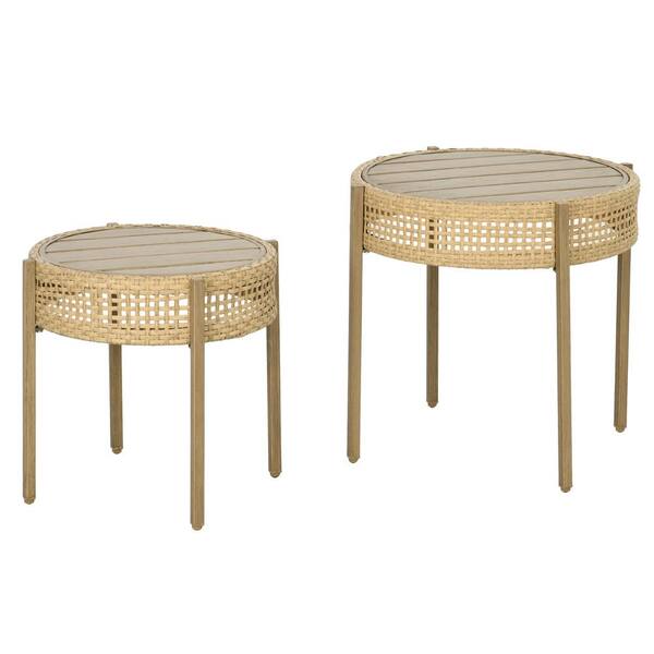 Gtnali 2-Piece Wicker Outdoor End Table Set Round Coffee Table Set with Slatted Metal Top, Natural